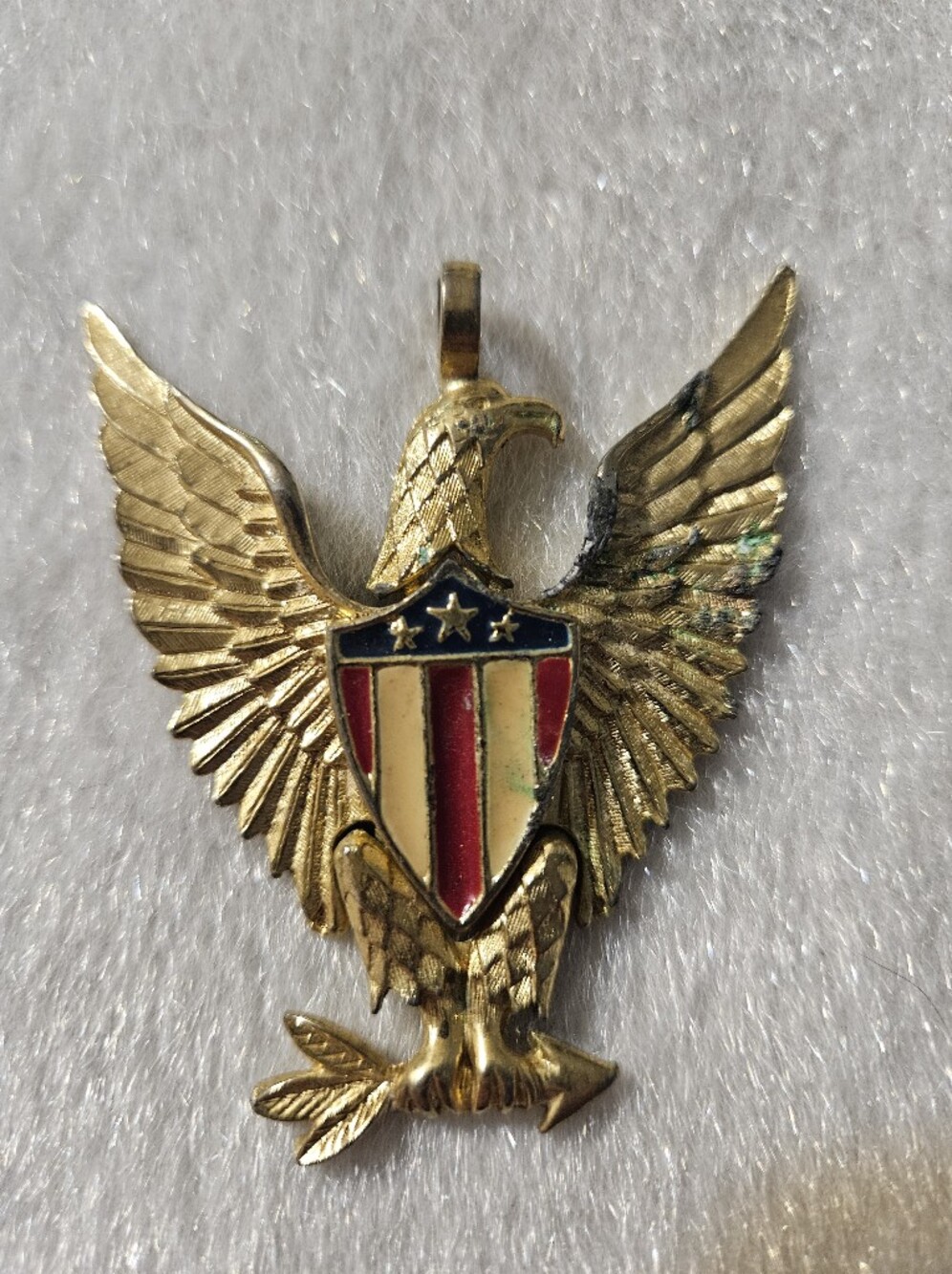 Vintage Gold Eagle Shield Pendant with Red, Cream & Blue Enamel